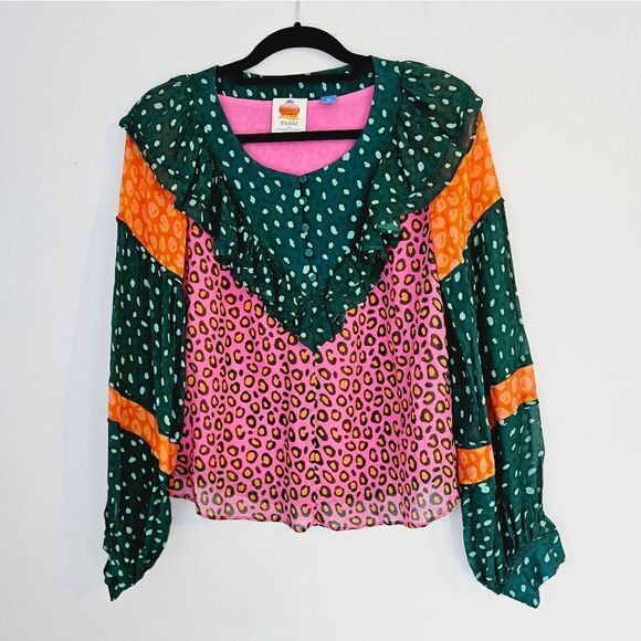 FARM RIO Anthropologie Renee Balloon Sleeve Henley Button Peasant Boho Blouse XS - Picture 7 of 15